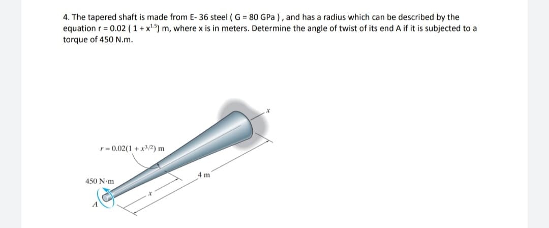 4. The tapered shaft is made from E- 36 steel ( G = 80 GPa ) , and has a radius which can be described by the
equation r = 0.02 ( 1 + x5) m, where x is in meters. Determine the angle of twist of its end A if it is subjected to a
torque of 450 N.m.
r = 0.02(1 + x3/2) m
4 m
450 N•m
