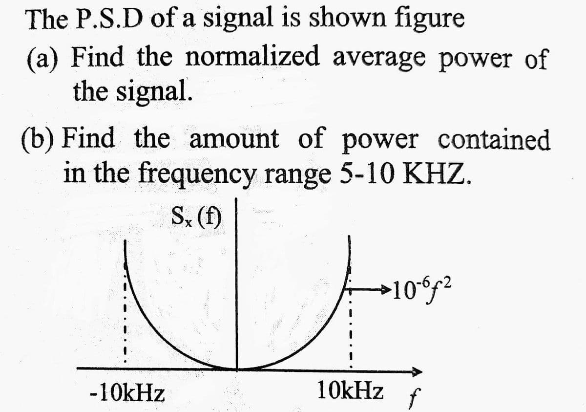 The P.S.D of a signal is shown figure
(a) Find the normalized average power of
the signal.
(b) Find the amount of power contained
in the frequency range 5-10 KHZ.
S, (f)
-10kHz
10kHz
f
