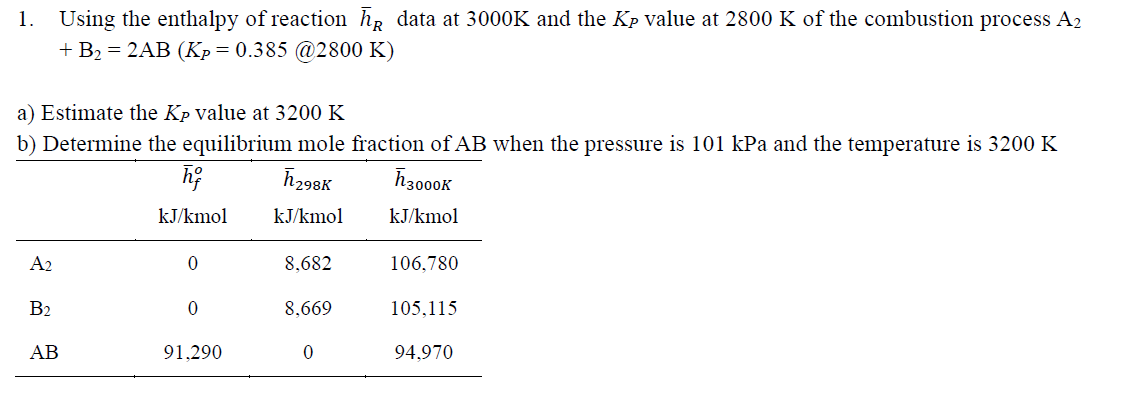 Using the enthalpy of reaction he data at 3000K and the Kp value at 2800 K of the combustion process A2
+ B2 = 2AB (Kp = 0.385 @2800 K)
1.
a) Estimate the Kp value at 3200 K
b) Determine the equilibrium mole fraction of AB when the pressure is 101 kPa and the temperature is 3200 K
ħ298K
ħ3000K
kJ/kmol
kJ/kmol
kJ/kmol
A2
8,682
106,780
B2
8,669
105,115
АВ
91,290
94,970
