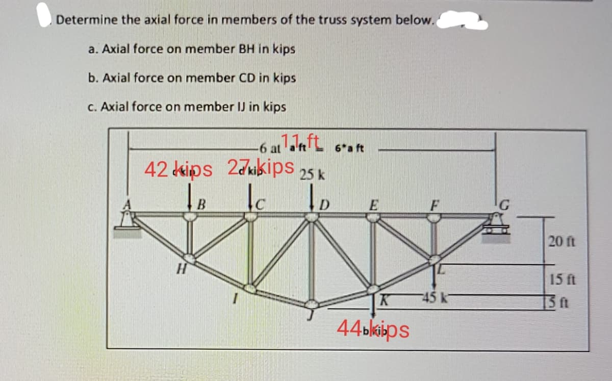 Determine the axial force in members of the truss system below.
a. Axial force on member BH In kips
b. Axial force on member CD in kips
C. Axial force on member IJ in kips
6 at
6*a ft
42 kips 2dkibips 25 k
20 ft
15 ft
45 k-
15 t
44blkisps
