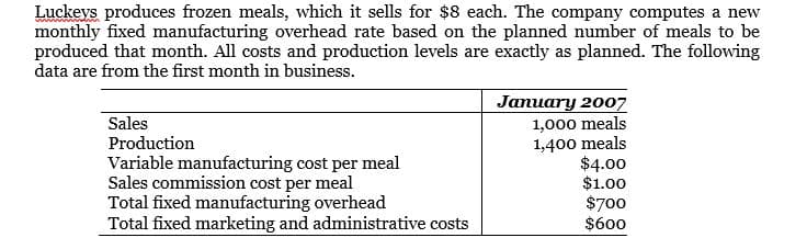 Luckeys produces frozen meals, which it sells for $8 each. The company computes a new
monthly fixed manufacturing overhead rate based on the planned number of meals to be
produced that month. All costs and production levels are exactly as planned. The following
data are from the first month in business.
Sales
Production
Variable manufacturing cost per meal
Sales commission cost per meal
Total fixed manufacturing overhead
Total fixed marketing and administrative costs
January 2007
1,000 meals
1,400 meals
$4.00
$1.00
$700
$600
