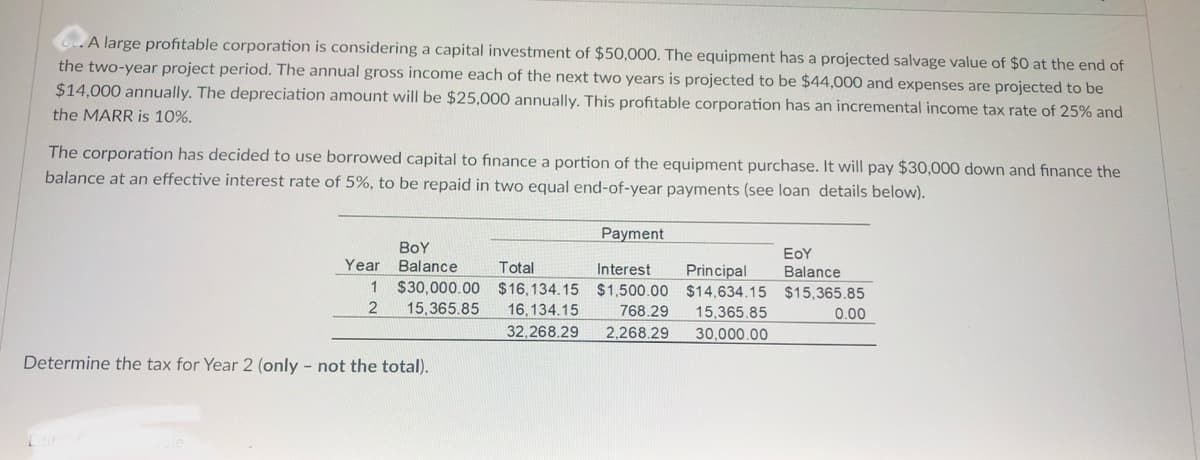 A large profitable corporation is considering a capital investment of $50,000. The equipment has a projected salvage value of $0 at the end of
the two-year project period. The annual gross income each of the next two years is projected to be $44,000 and expenses are projected to be
$14,000 annually. The depreciation amount will be $25,000 annually. This profitable corporation has an incremental income tax rate of 25% and
the MARR is 10%.
The corporation has decided to use borrowed capital to finance a portion of the equipment purchase. It will pay $30,000 down and finance the
balance at an effective interest rate of 5%, to be repaid in two equal end-of-year payments (see loan details below).
Payment
BoY
Balance
EoY
Balance
$30,000.00 $16,134.15 $1,500.00 $14,634.15 $15,365.85
Year
Total
Interest
Principal
1
15,365.85
16,134.15
768.29
15,365.85
0.00
32,268.29
2,268.29
30,000.00
Determine the tax for Year 2 (only - not the total).
