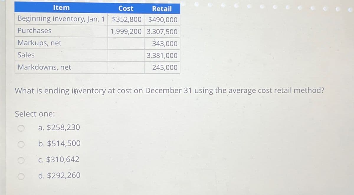 Item
Cost
Retail
Beginning inventory, Jan. 1 $352,800 $490,000
Purchases
Markups, net
Sales
Markdowns, net
1,999,200 3,307,500
343,000
3,381,000
245,000
What is ending inventory at cost on December 31 using the average cost retail method?
Select one:
a. $258,230
b. $514,500
c. $310,642
d. $292,260