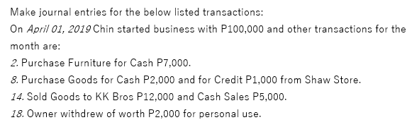 Make journal entries for the below listed transactions:
On April 01, 2019 Chin started business with P100,000 and other transactions for the
month are:
2. Purchase Furniture for Cash P7,000.
8. Purchase Goods for Cash P2,000 and for Credit P1,000 from Shaw Store.
14. Sold Goods to KK Bros P12,000 and Cash Sales P5,000.
18. Owner withdrew of worth P2,000 for personal use.
