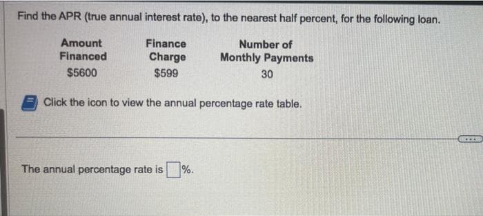 Find the APR (true annual interest rate), to the nearest half percent, for the following loan.
Number of
Monthly Payments
Amount
Financed
$5600
Finance
Charge
$599
30
Click the icon to view the annual percentage rate table.
The annual percentage rate is %.