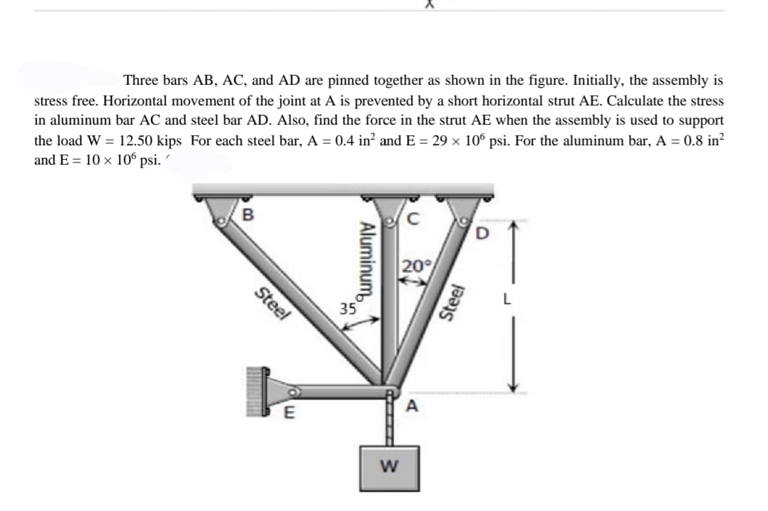 Three bars AB, AC, and AD are pinned together as shown in the figure. Initially, the assembly is
stress free. Horizontal movement of the joint at A is prevented by a short horizontal strut AE. Calculate the stress
in aluminum bar AC and steel bar AD. Also, find the force in the strut AE when the assembly is used to support
the load W = 12.50 kips For each steel bar, A = 0.4 in² and E = 29 × 106 psi. For the aluminum bar, A = 0.8 in²
and E= 10× 106 psi.
B
с
D
20%
Steel
E
35
Aluminum
MITTA
W
A
Steel
L