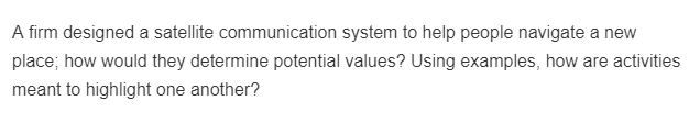 A firm designed a satellite communication system to help people navigate a new
place; how would they determine potential values? Using examples, how are activities
meant to highlight one another?