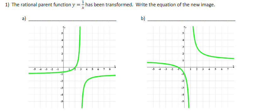 1) The rational parent function y
1
= -
has been transformed. Write the equation of the new image.
a)
b)
3
2
1-
-54
-3-2
-1
4
-3
-3
-4
-4
-5
