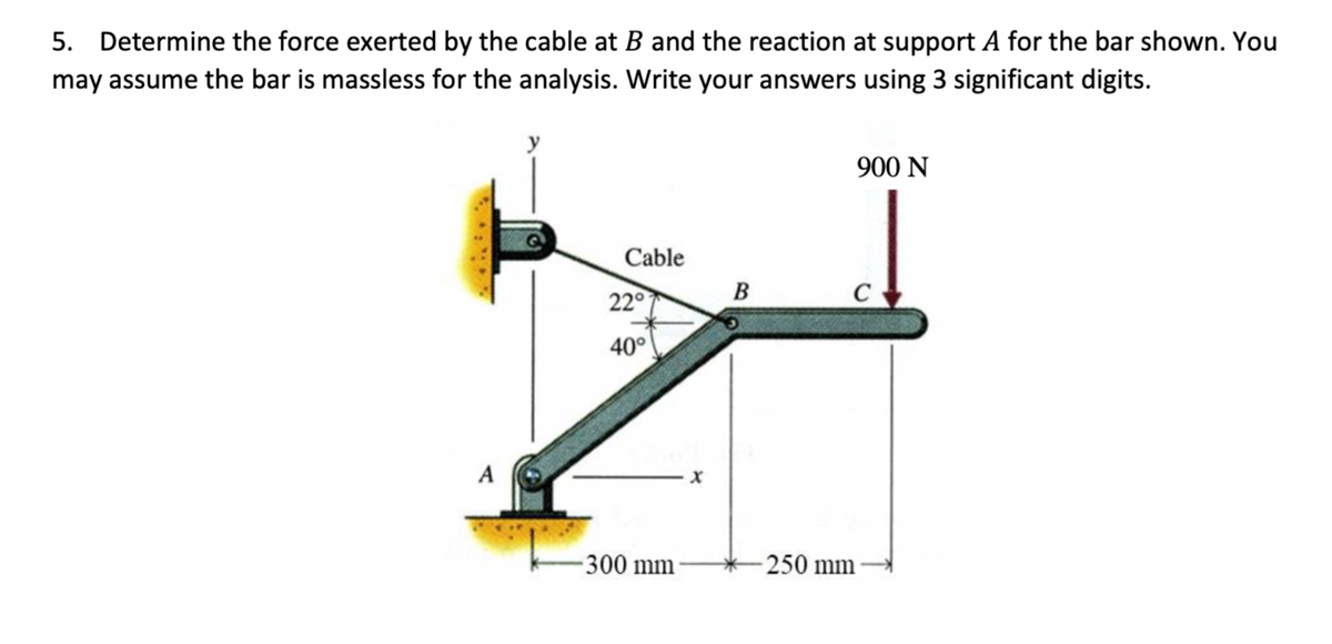 5. Determine the force exerted by the cable at B and the reaction at support A for the bar shown. You
may assume the bar is massless for the analysis. Write your answers using 3 significant digits.
y
A
900 N
Cable
B
22°
C
40°
300 mm
250 mm