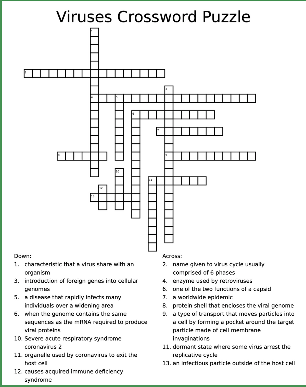 Viruses Crossword Puzzle
12
Down:
Across:
1. characteristic that a virus share with an
2. name given to virus cycle usually
organism
comprised of 6 phases
4. enzyme used by retroviruses
6. one of the two functions of a capsid
7. a worldwide epidemic
3. introduction of foreign genes into cellular
genomes
5. a disease that rapidly infects many
individuals over a widening area
8. protein shell that encloses the viral
9. a type of transport that moves particles into
a cell by forming a pocket around the target
particle made of cell membrane
genome
6. when the genome contains the same
sequences as the MRNA required to produce
viral proteins
10. Severe acute respiratory syndrome
invaginations
11. dormant state where some virus arrest the
coronavirus 2
11. organelle used by coronavirus to exit the
replicative cycle
host cell
13. an infectious particle outside of the host cell
12. causes acquired immune deficiency
syndrome
