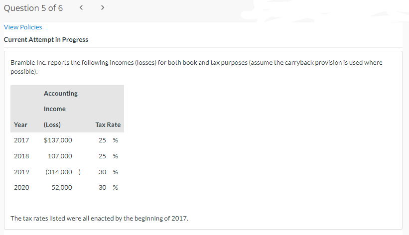 Question 5 of 6
< >
View Policies
Current Attempt in Progress
Bramble Inc. reports the following incomes (losses) for both book and tax purposes (assume the carryback provision is used where
possible):
Accounting
Income
Year
(Loss)
Tax Rate
2017
$137,000
25 %
2018
107,000
25 %
2019
(314,000 )
30 %
2020
52,000
30 %
The tax rates listed were all enacted by the beginning of 2017.
