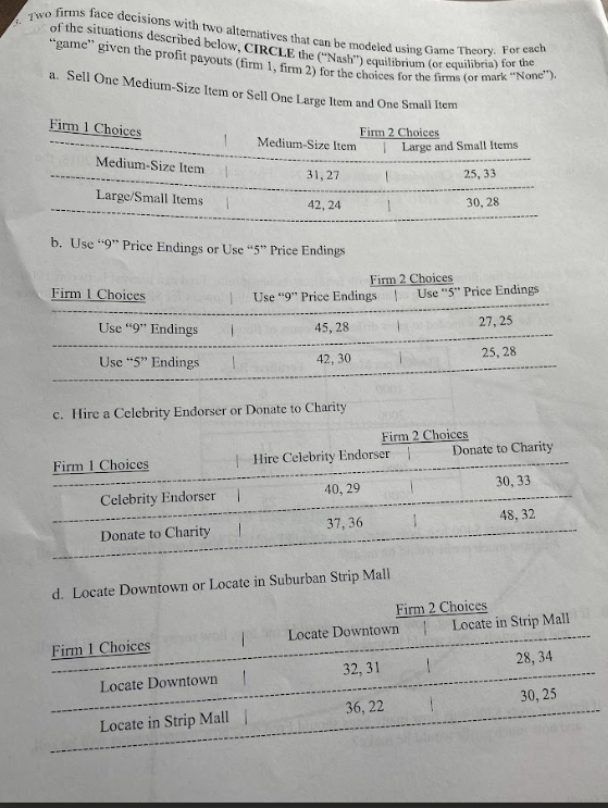 Two firms face decisions with two alternatives that can be modeled using Game Theory. For each
of the situations described below, CIRCLE the ("Nash") equilibrium (or equilibria) for the
"game" given the profit payouts (firm 1, firm 2) for the choices for the firms (or mark "None").
a. Sell One Medium-Size Item or Sell One Large Item and One Small Item
Firm 1 Choices
Firm 2 Choices
Medium-Size Item
Large and Small Items
Medium-Size Item
31,27
25, 33
Large/Small Items
42,24
30,28
b. Use "9" Price Endings or Use "5" Price Endings
Firm 2 Choices
Use "9" Price Endings | Use "5" Price Endings
Firm 1 Choices
Use "9" Endings
Use "5" Endings
45,28
42,30
c. Hire a Celebrity Endorser or Donate to Charity
27,25
25,28
Firm 2 Choices
Firm 1 Choices
Hire Celebrity Endorser
Donate to Charity
Celebrity Endorser
40, 29
30, 33
Donate to Charity
37,36
48, 32
d. Locate Downtown or Locate in Suburban Strip Mall
Firm 2 Choices
Firm 1 Choices
Locate Downtown
Locate in Strip Mall
Locate Downtown
32,31
28, 34
Locate in Strip Mall |
36,22
30,25