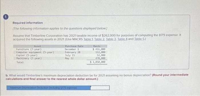 Required information
[The following information applies to the questions displayed below.)
Assume that Timberline Corporation has 2021 taxable income of $262,000 for purposes of computing the 8179 expense. It
acquired the following assets in 2021 (Use MACRS Table 1. Iable 2. Table 3. Toble 4 and Table 5)
Asset
Furniture (7-year)
Computer equipment (5-year)
Copier (5-year)
Machinery (7-year)
Purchase Date
December 1
February 28
July 15
May 22
Basis
$ 416,000
112,000
52,000
470,000
$ 1,050,000
Total
b. What would Timberline's maximum depreciation deduction be for 2021 assuming no bonus depreciation? (Round your intermediete
calculations and final answer to the nearest whole doller amount.)
Maximum Depreciation Deduction (ncluding 5170 expense)
