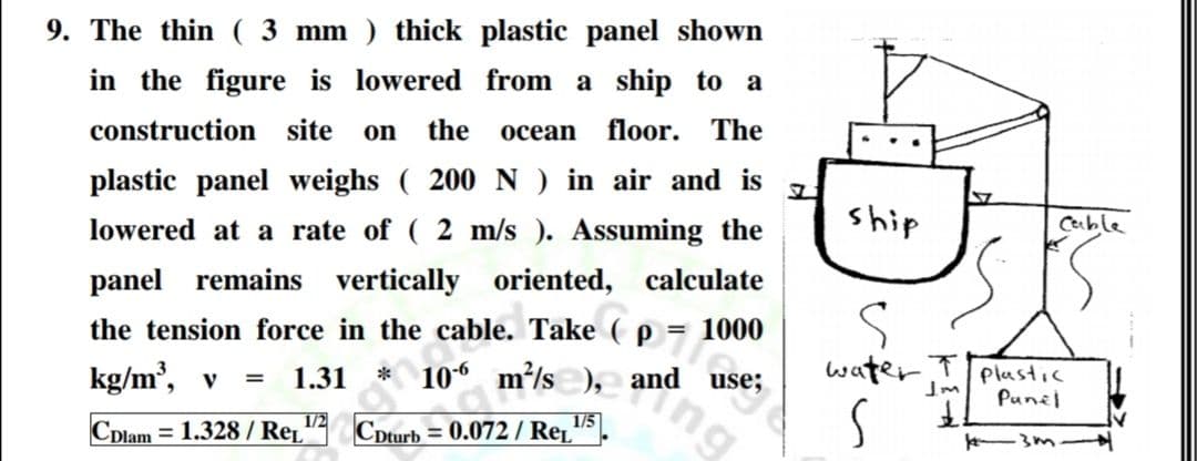 9. The thin ( 3 mm ) thick plastic panel shown
in the figure is lowered from a ship to a
site
the
floor.
The
construction
on
осean
plastic panel weighs ( 200 N ) in air and is
Cable
lowered at a rate of ( 2 m/s ). Assuming the
diys
panel remains vertically oriented, calculate
= 1000
ing
the tension force in the cable. Take ( p = 1
10 m/s ), and
water Plastic
kg/m', v
1.31
use;
%3D
Punel
上.
-3m.
1/2
1/5
Cplam = 1.328 / Re
Cpturb = 0.072 / Rej.
