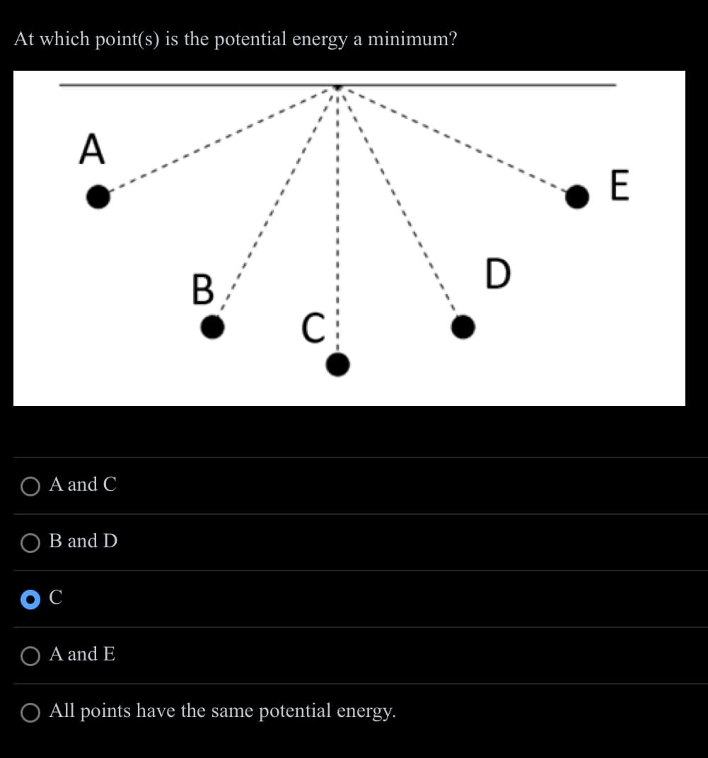 At which point(s) is the potential energy a minimum?
A
A and C
OB and D
O A and E
C
O All points have the same potential energy.
D
E
