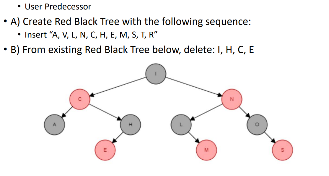• User Predecessor
●
A) Create Red Black Tree with the following sequence:
Insert "A, V, L, N, C, H, E, M, S, T, R"
●
B) From existing Red Black Tree below, delete: I, H, C, E
M