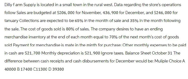 Dilly farm Supply is located in a small town in the rural west. Data regarding the store's operations
follow Sales are budgeted at $206,000 for November, 436, 900 for December, and $246,000 for
tanuary Collections are expected to be 65% in the monith of sale and 35% in the month following
the sale. The cost of goods sold is 80% of sales. The company desires to have an ending
merchandise inventory at the end of each month equal to 70% of the next month's cost of goods
sold Payment for menchandise is mate in the minth for purchase: Other monthly expenses to be paid
in cash are $21,700 Monthly depreciation is $21,900 Ignore taxes. Balance Sheet October 31 The
difference between cash receipts and cash disbursements for December would be: Muliple Choice A
40000 B 17400 C11300 D 39300