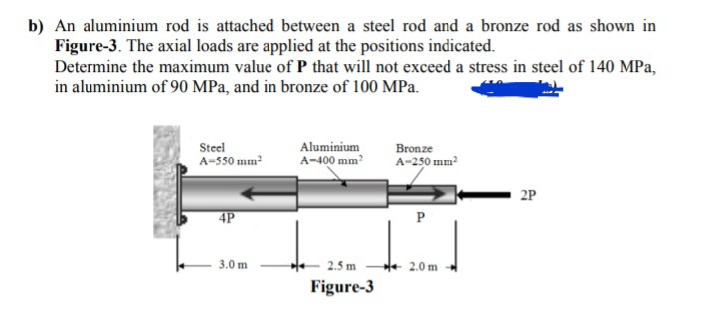 b) An aluminium rod is attached between a steel rod and a bronze rod as shown in
Figure-3. The axial loads are applied at the positions indicated.
Determine the maximum value of P that will not exceed a stress in steel of 140 MPa,
in aluminium of 90 MPa, and in bronze of 100 MPa.
Steel
A-550 mm?
Aluminium
Bronze
A-400 mm
A-250 mm?
2P
4P
3.0 m
2.5 m
+ 2.0 m
Figure-3
