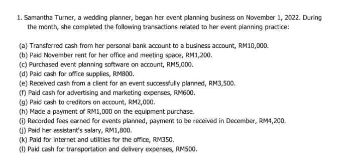 1. Samantha Turner, a wedding planner, began her event planning business on November 1, 2022. During
the month, she completed the following transactions related to her event planning practice:
(a) Transferred cash from her personal bank account to a business account, RM10,000.
(b) Paid November rent for her office and meeting space, RM1,200.
(c) Purchased event planning software on account, RM5,000.
(d) Paid cash for office supplies, RM800.
(e) Received cash from a client for an event successfully planned, RM3,500.
(f) Paid cash for advertising and marketing expenses, RM600.
(g) Paid cash to creditors on account, RM2,000.
(h) Made a payment of RM1,000 on the equipment purchase.
(i) Recorded fees earned for events planned, payment to be received in December, RM4,200.
(1) Paid her assistant's salary, RM1,800.
(k) Paid for internet and utilities for the office, RM350.
(1) Paid cash for transportation and delivery expenses, RM500.