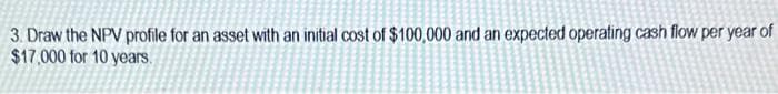 3. Draw the NPV profile for an asset with an initial cost of $100,000 and an expected operating cash flow per year of
$17,000 for 10 years.