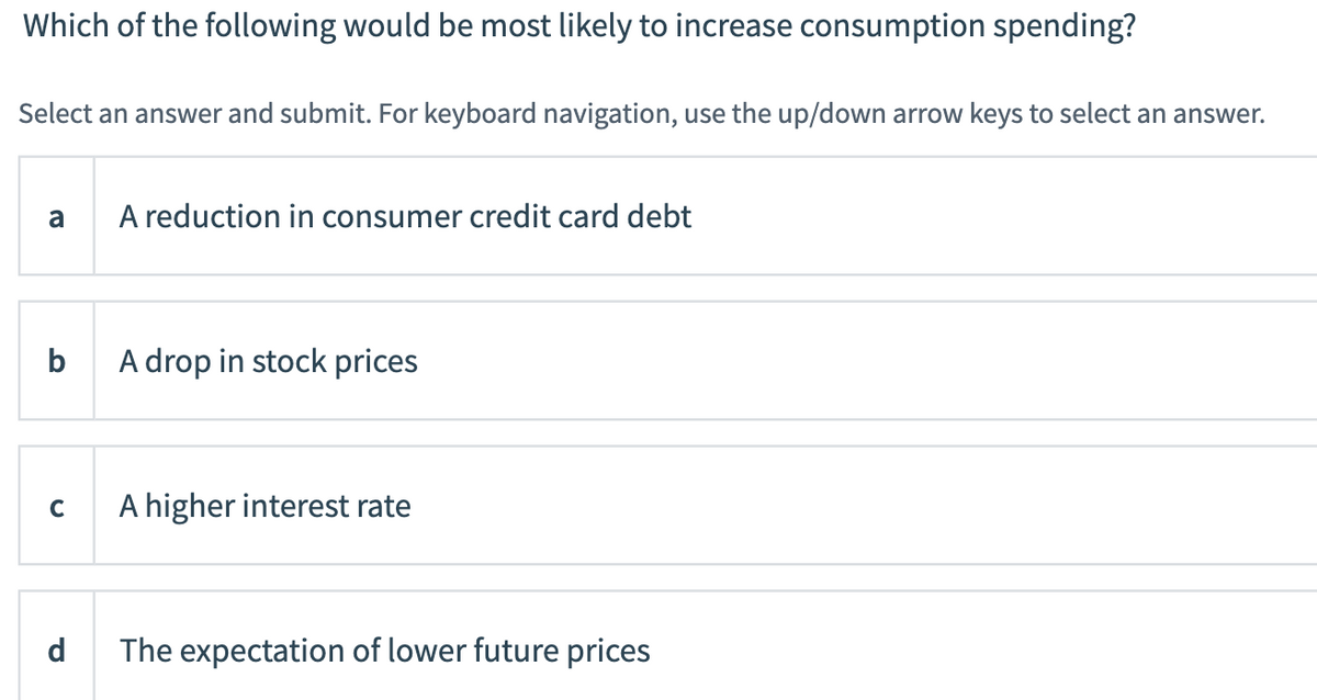 Which of the following would be most likely to increase consumption spending?
Select an answer and submit. For keyboard navigation, use the up/down arrow keys to select an answer.
a
A reduction in consumer credit card debt
b
A drop in stock prices
A higher interest rate
d
The expectation of lower future prices
