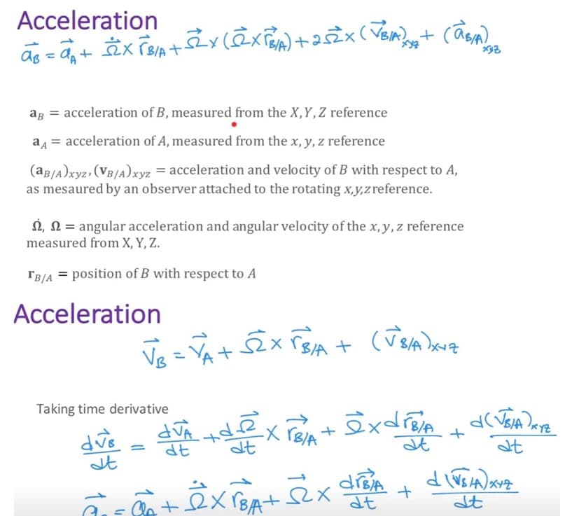 Acceleration
a³ = a₁ + ²X PB/A + ²x (@XFBA) +25ZX (VBIA) +
ag = acceleration of B, measured from the X, Y, Z reference
aA = acceleration of A, measured from the x, y, z reference
(aB/A)xyz, (VB/A)xyz = acceleration and velocity of B with respect to A,
as mesaured by an observer attached to the rotating x,y,z reference.
, angular acceleration and angular velocity of the x, y, z reference
measured from X, Y, Z.
TB/A= position of B with respect to A
Acceleration
Taking time derivative
dve
st
18
"
(V8/A)x+z
VB
√B = VA + SEX √B/A + (US/A)XNz
(AB/A) 2
dva +dexroa + exdrea +
-XrB/A
at
dt
dt
+ex PBA+
drBia
dt
+
d(√BIA) XYZ
at
d (√5 /A) XYZ
dt