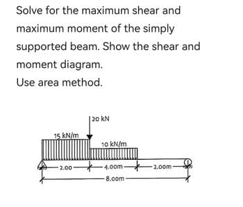 Solve for the maximum shear and
maximum moment of the simply
supported beam. Show the shear and
moment diagram.
Use area method.
15 kN/m
2.00
20 KN
10 kN/m
-4.00m2.00m-
-8.00m-