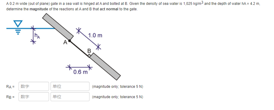 A 0.2 m wide (out of plane) gate in a sea wall is hinged at A and bolted at B. Given the density of sea water is 1,025 kg/m³ and the depth of water hA = 4.2 m,
determine the magnitude of the reactions at A and B that act normal to the gate.
1.0 m
A
B
RA=
数字
(magnitude only; tolerance 5 N)
RB =
数字
(magnitude only; tolerance 5 N)
单位
单位
0.6 m
