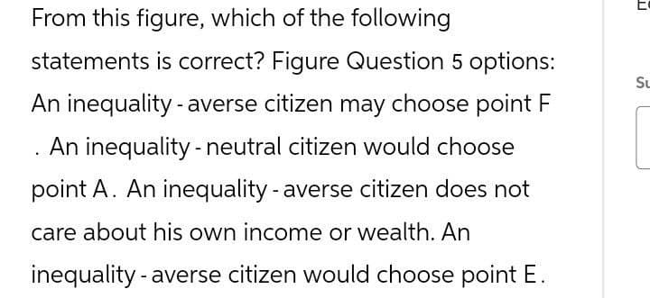 From this figure, which of the following
statements is correct? Figure Question 5 options:
An inequality-averse citizen may choose point F
. An inequality - neutral citizen would choose
point A. An inequality - averse citizen does not
care about his own income or wealth. An
inequality-averse citizen would choose point E.
บ
Su
