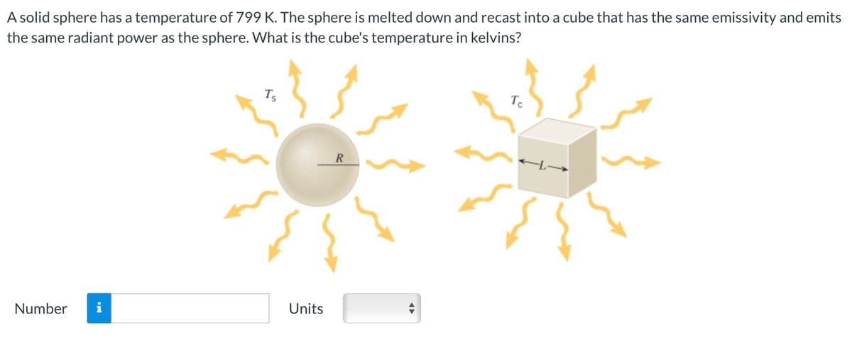 A solid sphere has a temperature of 799 K. The sphere is melted down and recast into a cube that has the same emissivity and emits
the same radiant power as the sphere. What is the cube's temperature in kelvins?
Number
TS
Units
To