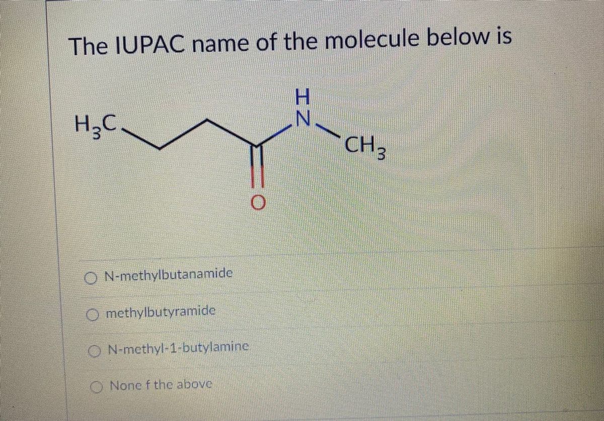 The IUPAC name of the molecule below is
H.
H,C.
13C
CH
3
O N-methylbutanamide
O methylbutyramide
O N-mcthyl-1-butylamine.
O None f the above
エZ
