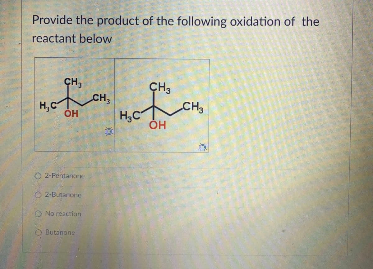 Provide the product of the following oxidation of the
reactant below
CH,
CH3
CH3
H;C
CH3
H,C
ОН
O2-Pentanone
O 2-Butanone
ONo reaction
Butanone
31

