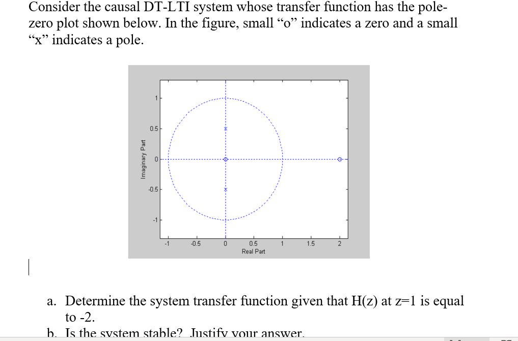 Consider the causal DT-LTI system whose transfer function has the pole-
zero plot shown below. In the figure, small “o" indicates a zero and a small
"x" indicates a pole.
0.5
-0.5-
-1
-0.5
0.5
1.5
Real Part
|
a. Determine the system transfer function given that H(z) at z=1 is equal
to -2.
b. Is the system stable? Justify vour answer.
Imaginary Part
