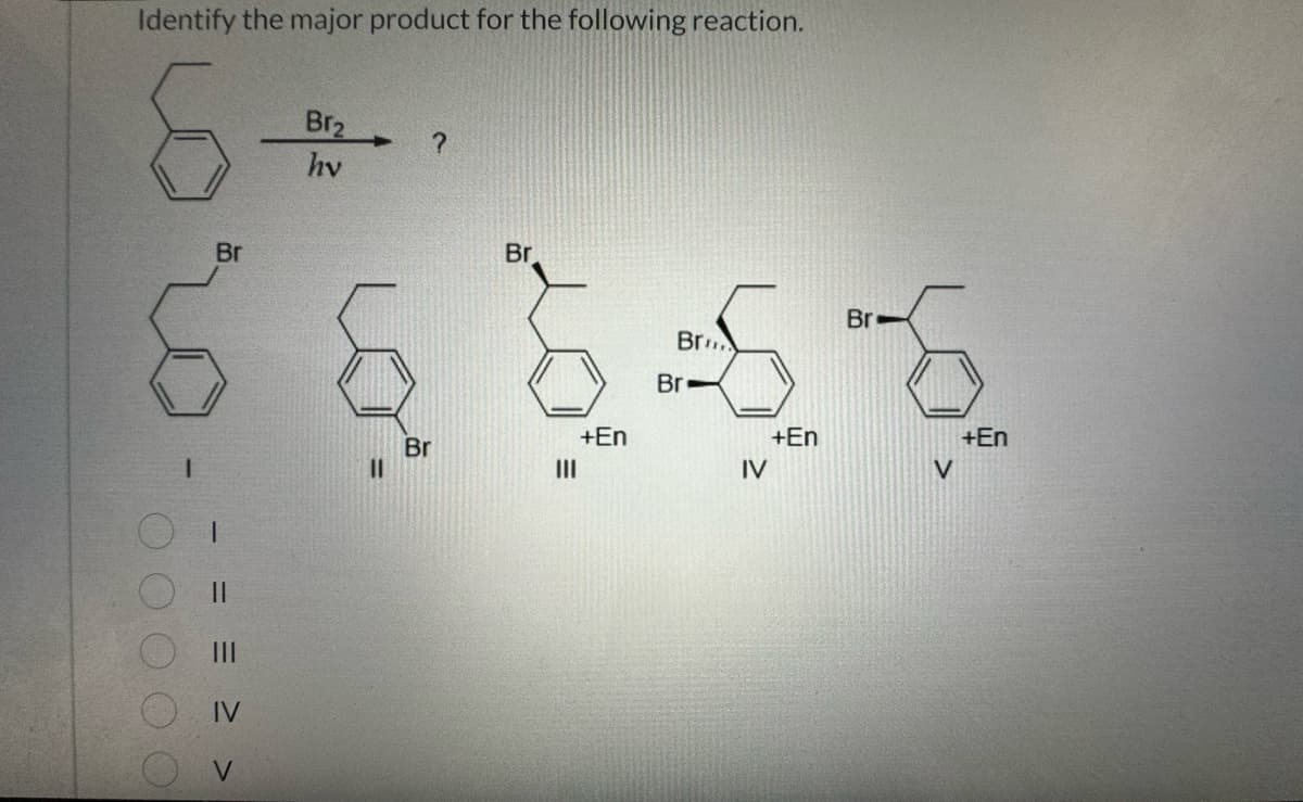 Identify the major product for the following reaction.
00000
Br
- =
||
|||
IV
V
Bra
hv
II
Br
?
Br.
Br
రైశ్వర్ణ
Br
+En
+En
IV
V
Br
+En