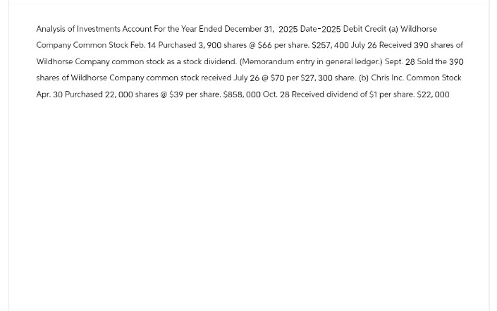 Analysis of Investments Account For the Year Ended December 31, 2025 Date-2025 Debit Credit (a) Wildhorse
Company Common Stock Feb. 14 Purchased 3,900 shares @ $66 per share. $257,400 July 26 Received 390 shares of
Wildhorse Company common stock as a stock dividend. (Memorandum entry in general ledger.) Sept. 28 Sold the 390
shares of Wildhorse Company common stock received July 26 @ $70 per $27, 300 share. (b) Chris Inc. Common Stock
Apr. 30 Purchased 22,000 shares @ $39 per share. $858, 000 Oct. 28 Received dividend of $1 per share. $22,000