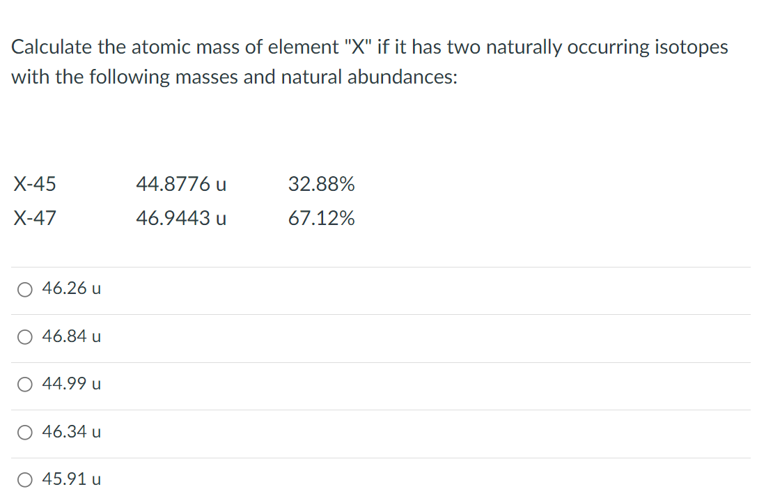 Calculate the atomic mass of element "X" if it has two naturally occurring isotopes
with the following masses and natural abundances:
Х-45
44.8776 u
32.88%
X-47
46.9443 u
67.12%
O 46.26 u
O 46.84 u
O 44.99 u
46.34 u
45.91 u
