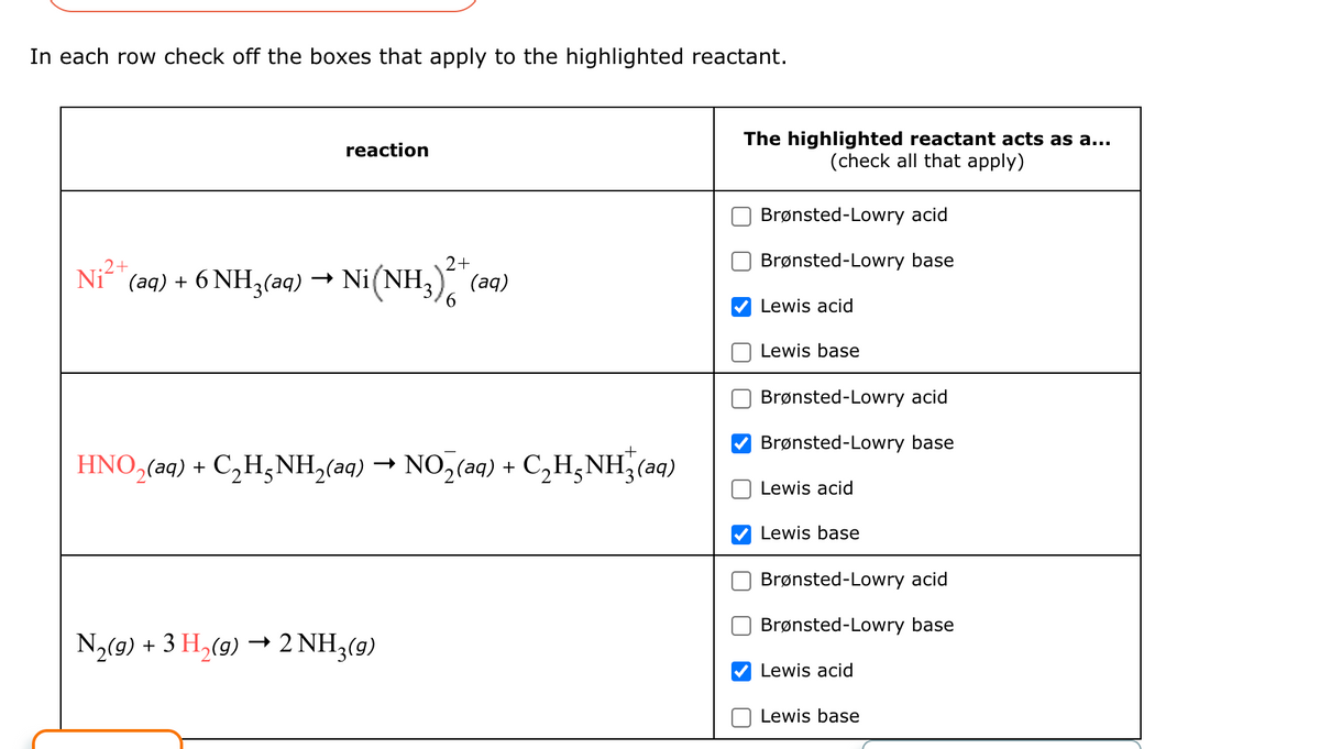 In each row check off the boxes that apply to the highlighted reactant.
reaction
.2+
*(aq) + 6 NH3(aq) → Ni (NH3)2+(aq)
6
The highlighted reactant acts as a...
(check all that apply)
Brønsted-Lowry acid
Brønsted-Lowry base
HNO2(aq) + C2H3NH2(aq) → NO(aq) + C₂H₂NH(aq)
N2(g) + 3 H2(g) → 2 NH3(9)
Lewis acid
Lewis base
Brønsted-Lowry acid
Brønsted-Lowry base
Lewis acid
Lewis base
Brønsted-Lowry acid
Brønsted-Lowry base
Lewis acid
Lewis base