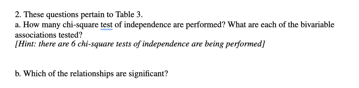 2. These questions pertain to Table 3.
a. How many chi-square test of independence are performed? What are each of the bivariable
associations tested?
[Hint: there are 6 chi-square tests of independence are being performed]
b. Which of the relationships are significant?