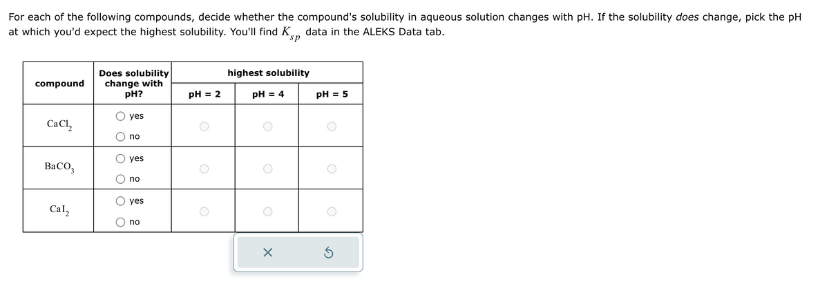For each of the following compounds, decide whether the compound's solubility in aqueous solution changes with pH. If the solubility does change, pick the pH
at which you'd expect the highest solubility. You'll find K data in the ALEKS Data tab.
sp
compound
Does solubility
change with
highest solubility
pH?
pH = 2
pH = 4
pH = 5
CaCl2
yes
no
yes
BaCO3
no
Cal₂
yes
no
☑
ك