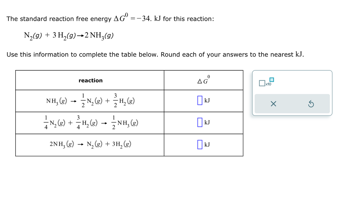 The standard reaction free energy
N2(g) + 3H2(g) →2 NH3(9)
AGO
==
-34. kJ for this reaction:
Use this information to complete the table below. Round each of your answers to the nearest kJ.
reaction
1
4
1
3
NH₁ (g) → ½ ½№2 (g) + H2(g)
N₂
3
№2(g) + H₁₂ (g) → ½ ½ NH₁ (g)
4
→>>
2NH, (g) N2(g) + 3H2(g)
AGº
0
☐ x10
☐ kJ
☑
☐ kJ
☐ kJ