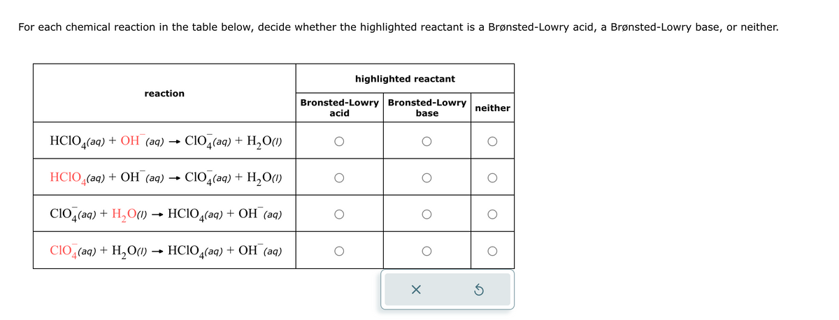 For each chemical reaction in the table below, decide whether the highlighted reactant is a Brønsted-Lowry acid, a Brønsted-Lowry base, or neither.
highlighted reactant
reaction
Bronsted-Lowry Bronsted-Lowry
acid
base
neither
→>>
ClO4(aq) + H2O(l)
HClO4(aq) + OH (aq)
HCIO
4(aq) + OH (aq)
ClO4(aq) + H2O(l)
-
-
ClO4(aq) + H2O(1)
→>>
CIO4(aq) + H2O(1)
HClO4(aq) + OH (aq)
HClO4(aq) + OH (aq)
☑
ك