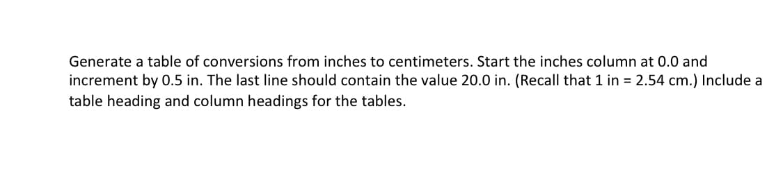 Generate a table of conversions from inches to centimeters. Start the inches column at 0.0 and
increment by 0.5 in. The last line should contain the value 20.0 in. (Recall that 1 in = 2.54 cm.) Include a
table heading and column headings for the tables.

