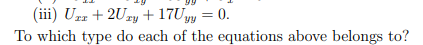 (iii) Urr +2Ury + 17Uyy = 0.
To which type do each of the equations above belongs to?