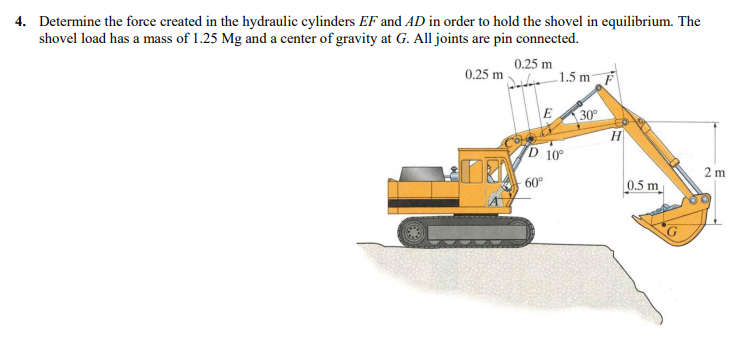 4. Determine the force created in the hydraulic cylinders EF and AD in order to hold the shovel in equilibrium. The
shovel load has a mass of 1.25 Mg and a center of gravity at G. All joints are pin connected.
0.25 m
0.25 m
30
H
D 10
2 m
60°
0.5 m
