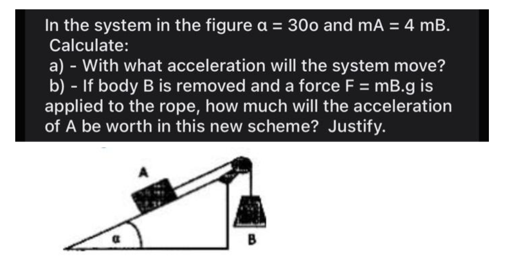 In the system in the figure a = 300 and mA = 4 mB.
Calculate:
a) - With what acceleration will the system move?
b) - If body B is removed and a force F = mB.g is
applied to the rope, how much will the acceleration
of A be worth in this new scheme? Justify.