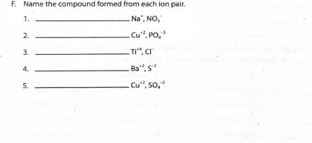 F. Name the compound formed from each ion pair.
Na", NO,
Cu", PO,
Ti", Cr
Ba", s
- Cu", so,
1.
2.
3.
4.
5.
