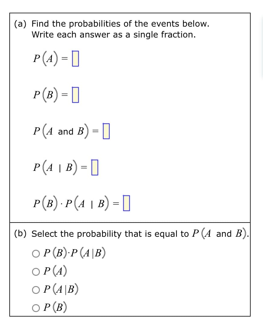 (a) Find the probabilities of the events below.
Write each answer as a single fraction.
P(A) = ||
P (B) =
P(A and B) =
P(A | B) =
P(B) · P(A | B) = |
.
(b) Select the probability that is equal to P (A and B).
OP (B).P(A/B)
OP (A)
OP (A/B)
OP (B)