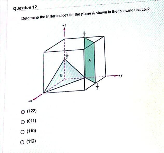 Question 12
Determine the Miller indices for the plane A shown in the following unit cell?
O (122)
O (011)
O (110)
O (112)
-k.