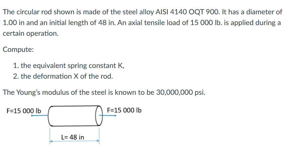The circular rod shown is made of the steel alloy AISI 4140 OQT 900. It has a diameter of
1.00 in and an initial length of 48 in. An axial tensile load of 15 000 lb. is applied during a
certain operation.
Compute:
1. the equivalent spring constant K,
2. the deformation X of the rod.
The Young's modulus of the steel is known to be 30,000,000 psi.
F=15 000 lb
L= 48 in
F=15 000 lb