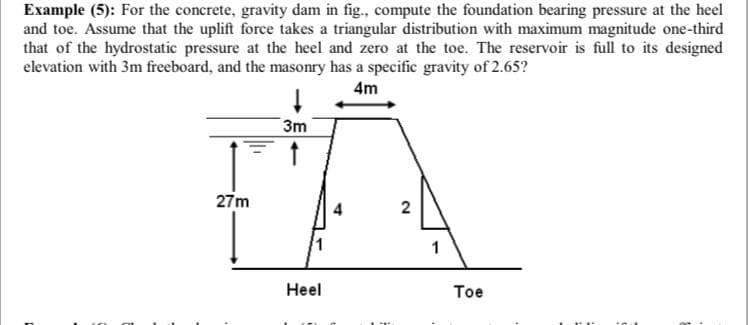 Example (5): For the concrete, gravity dam in fig., compute the foundation bearing pressure at the heel
and toe. Assume that the uplift force takes a triangular distribution with maximum magnitude one-third
that of the hydrostatic pressure at the heel and zero at the toe. The reservoir is full to its designed
elevation with 3m freeboard, and the masonry has a specific gravity of 2.65?
4m
3m
27m
1
Нeel
Тоe
2.
